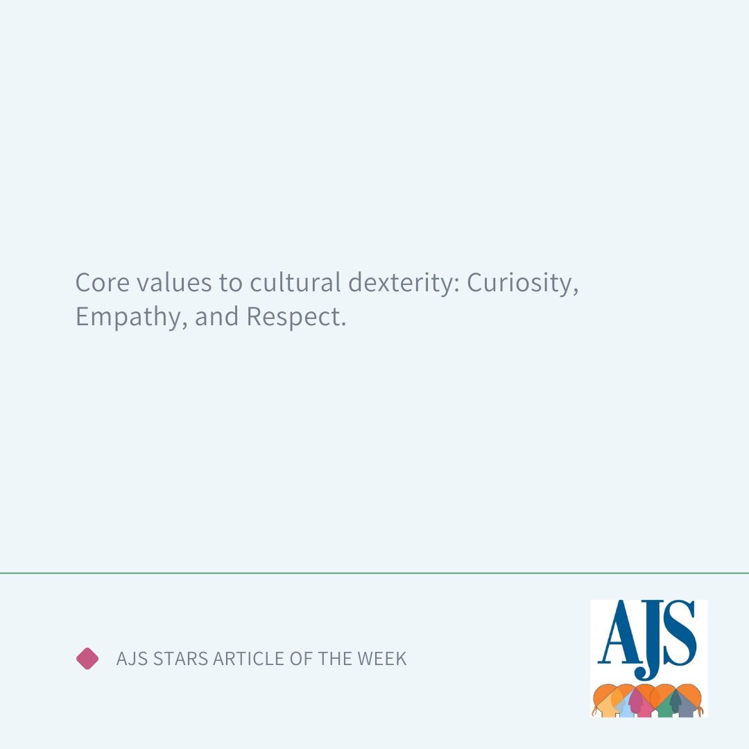 🌟#ArticleOfTheWeek🌟 “Teaching cultural dexterity in surgical care: As essential to a surgeon's skill set as tying a knot” by Drs. Gezzer Ortega (<a href="/BrighamWomens/">Brigham and Women's Hospital</a>), <a href="/BrittanyDacier/">Brittany Dacier, MD, MPH</a>, <a href="/jzaraterod/">Jorge Zárate, MD</a>, <a href="/RheaUdyavar/">Rhea Udyavar, M.D.</a>, <a href="/AdilHaiderMD/">Adil Haider</a>, <a href="/dougsmink/">Doug Smink</a>.💫

👀 doi.org/10.1016/j.amjs…
📚 <a href="/AmJSurgery/">AmJSurgery</a>