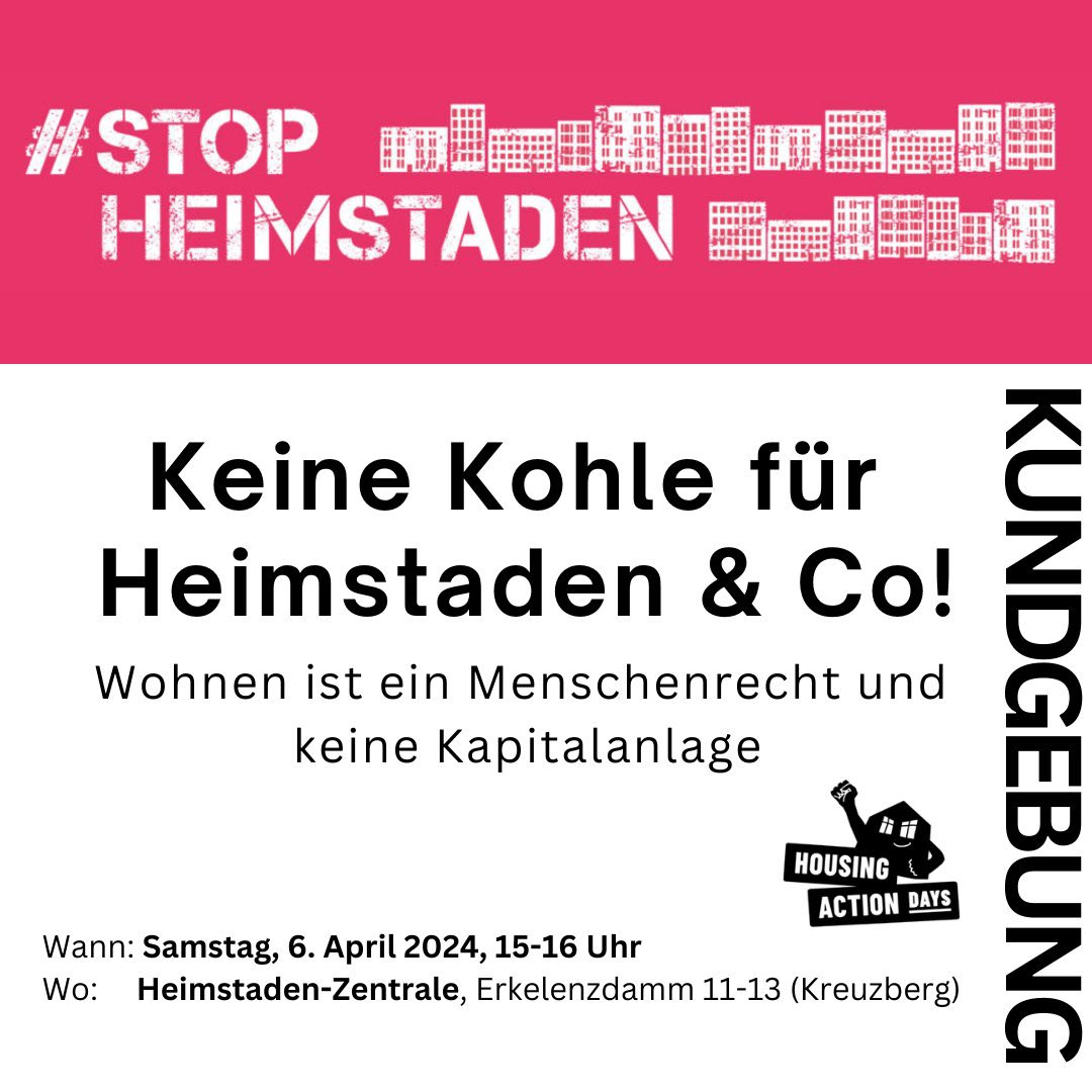 Heute ist nochmal richtig was los bei den #HAD2024 Um 12 geht’s los nach Schwanenwerder für die Nachverdichtung mit Seeblick @myGruni Dann um 15 Uhr zur Lärmdemo gegen #Amazon mit @berlinvsamazon Und zeitgleich „Keine Kohle für Heinstaden“ mit @SHeimstaden Seid dabei! ✊