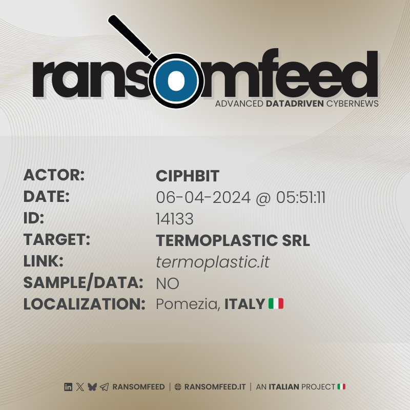 ransomfeednews's tweet image. 𝗔𝗰𝘁𝗼𝗿: #ciphbit
𝗩𝗶𝗰𝘁𝗶𝗺: TERMOPLASTIC SRL | termoplastic.it
𝗖𝗼𝘂𝗻𝘁𝗿𝘆: Italy 🇮🇹
𝗦𝗮𝗺𝗽𝗹𝗲: no

🔗 ransomfeed.it/index.php?page…

#ransomfeed #ransomware #security #infosec