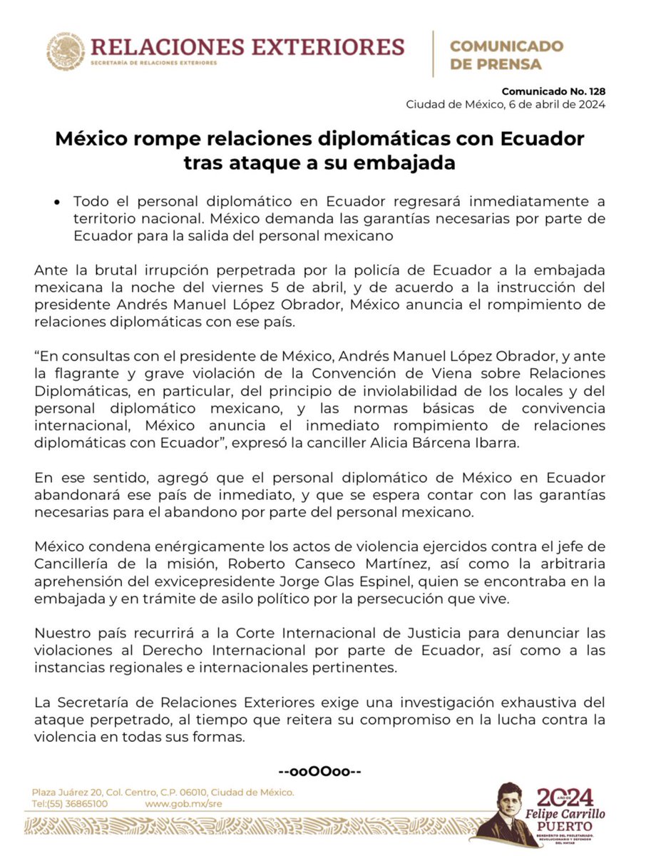 COMUNICADO. “México rompe relaciones diplomáticas con Ecuador tras ataque a su embajada”. Ante la brutal irrupción perpetrada por la policía de Ecuador a la embajada mexicana la noche del viernes 5 de abril, y de acuerdo a la instrucción del presidente Andrés Manuel López…