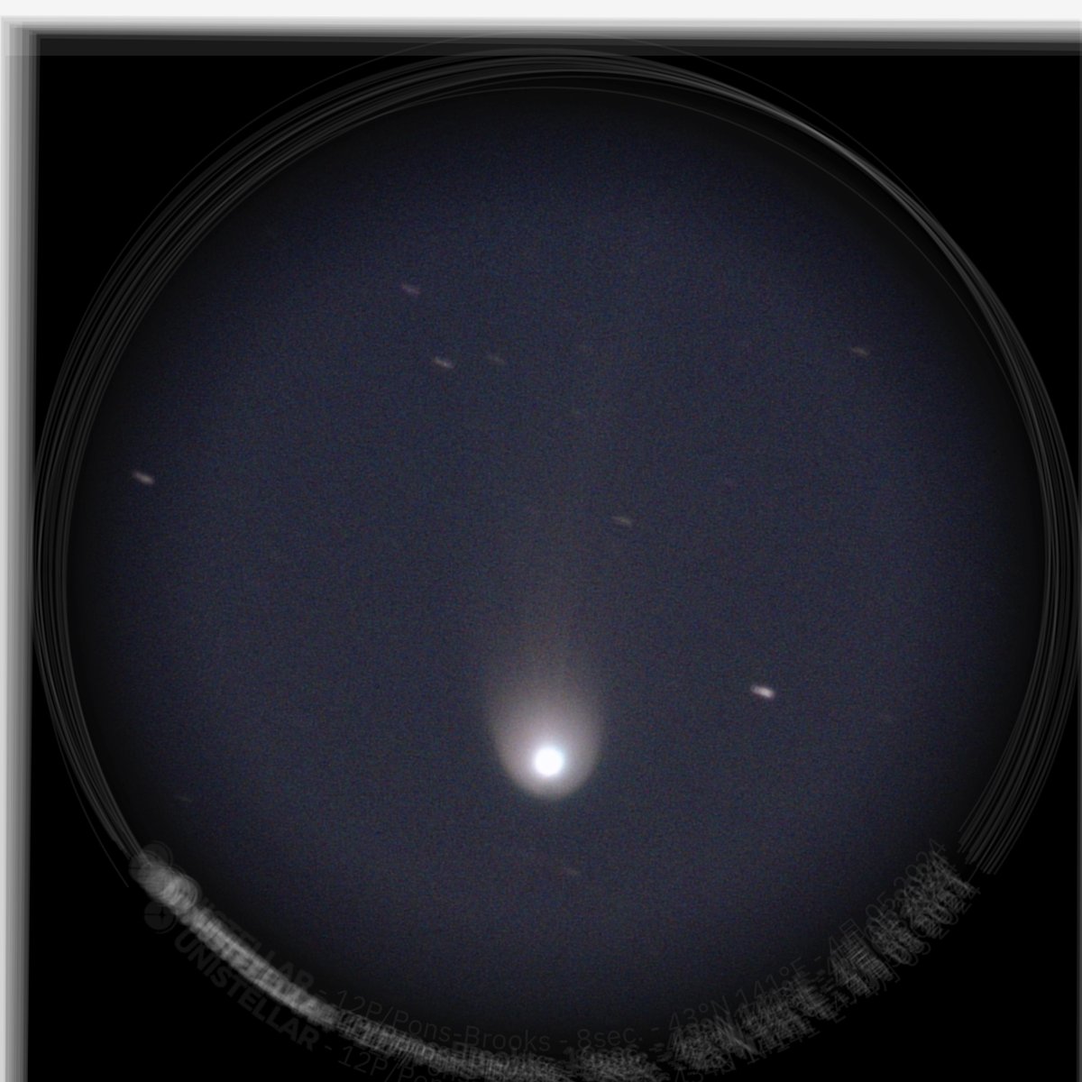 昨日の 12P/Pons-Brooks 彗星、明くなりすぎのせいか、エンハンスが4秒〜12秒で止まってしまう。それを集めて ImageJ で平均取ってみた。 #eVscope