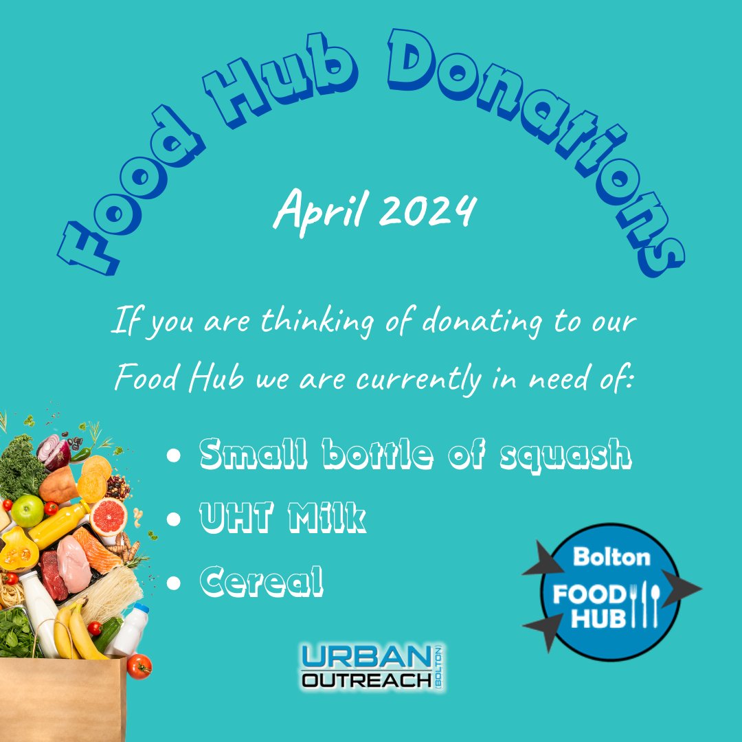 2/2 We couldn't do anything we do without the amazing people in Bolton who all take part. 🤔 If you are thinking of collecting items over April we'd be very grateful for: 🧃Small bottles of squash 🥛UHT milk 🥣Cereal Thank you everyone!