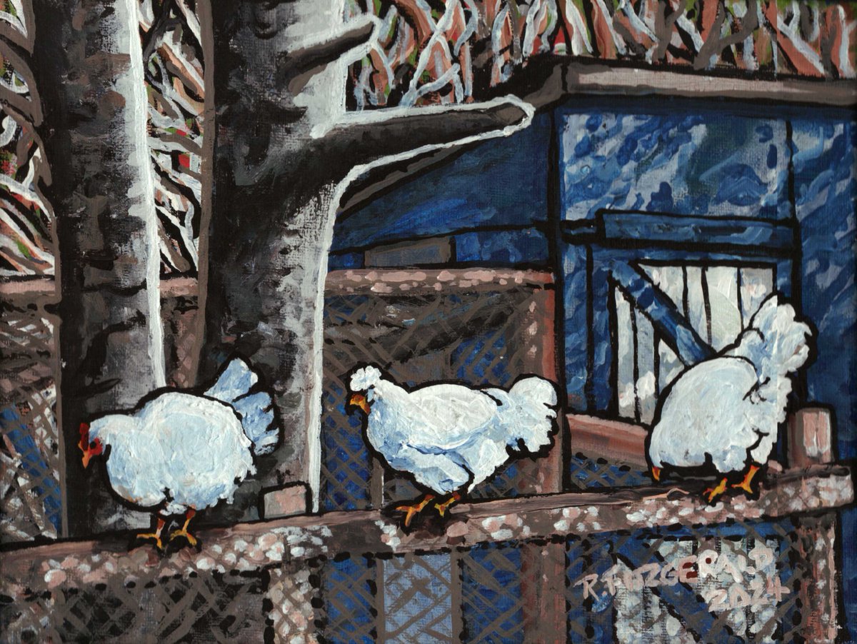 Today's Newfoundland & Labrador art share: 'Chickens on Parade” (2024) 9' X 12” acrylic on canvas by Reilly Fitzgerald. Inspired by Raina's chickens, obviously not being restrained by the fence meant to contain them. (lol) Original Available. #ReillysArt