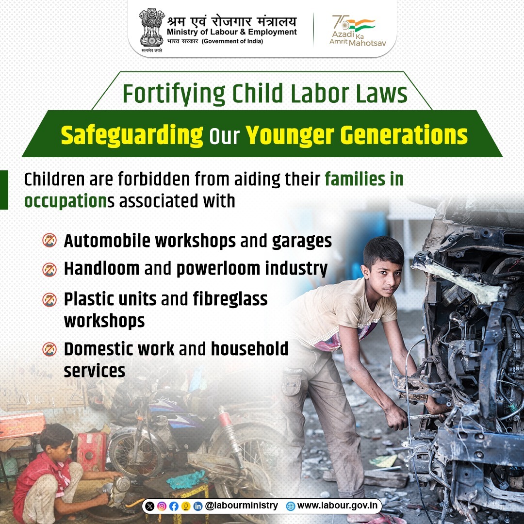 The Child & Adolescent Labour (Prohibition & Regulation) Act, 1986 prohibits children  from helping their families in various occupations that may negatively impact their future and health. 
Report incidents of #ChildLabour at pencil.gov.in & #SayNoToChildLabour

#MoLE