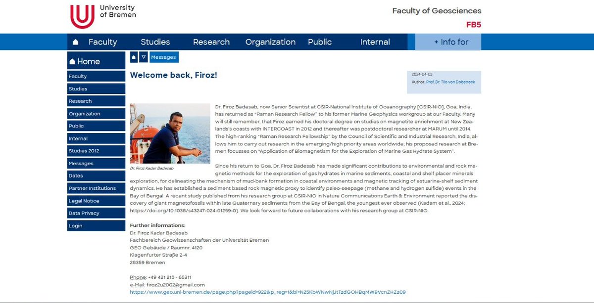 Dr. Firoz Badesab (@drfirozbadesab) on Twitter photo Visiting GEO, University of Bremen, Germany on Raman Research Fellowship !
geo.uni-bremen.de/page.php?pagei…
<a href="/CSIR_IND/">CSIR, India</a> <a href="/CSIRNIOGoa/">CSIR-NIO GOA</a> Visiting GEO, University of Bremen, Germany on Raman Research Fellowship !
geo.uni-bremen.de/page.php?pagei…
<a href="/CSIR_IND/">CSIR, India</a> <a href="/CSIRNIOGoa/">CSIR-NIO GOA</a>