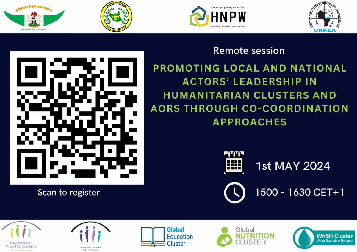 🗓 Save the date! Join us for an exclusive remote session on May 1st at 15:00 UTC during the 2024 Humanitarian Network Partnership Week. We'll be collaborating with various orgs. Scan the QR code or click the link to secure your spot: lnkd.in/e5eFvmHUb