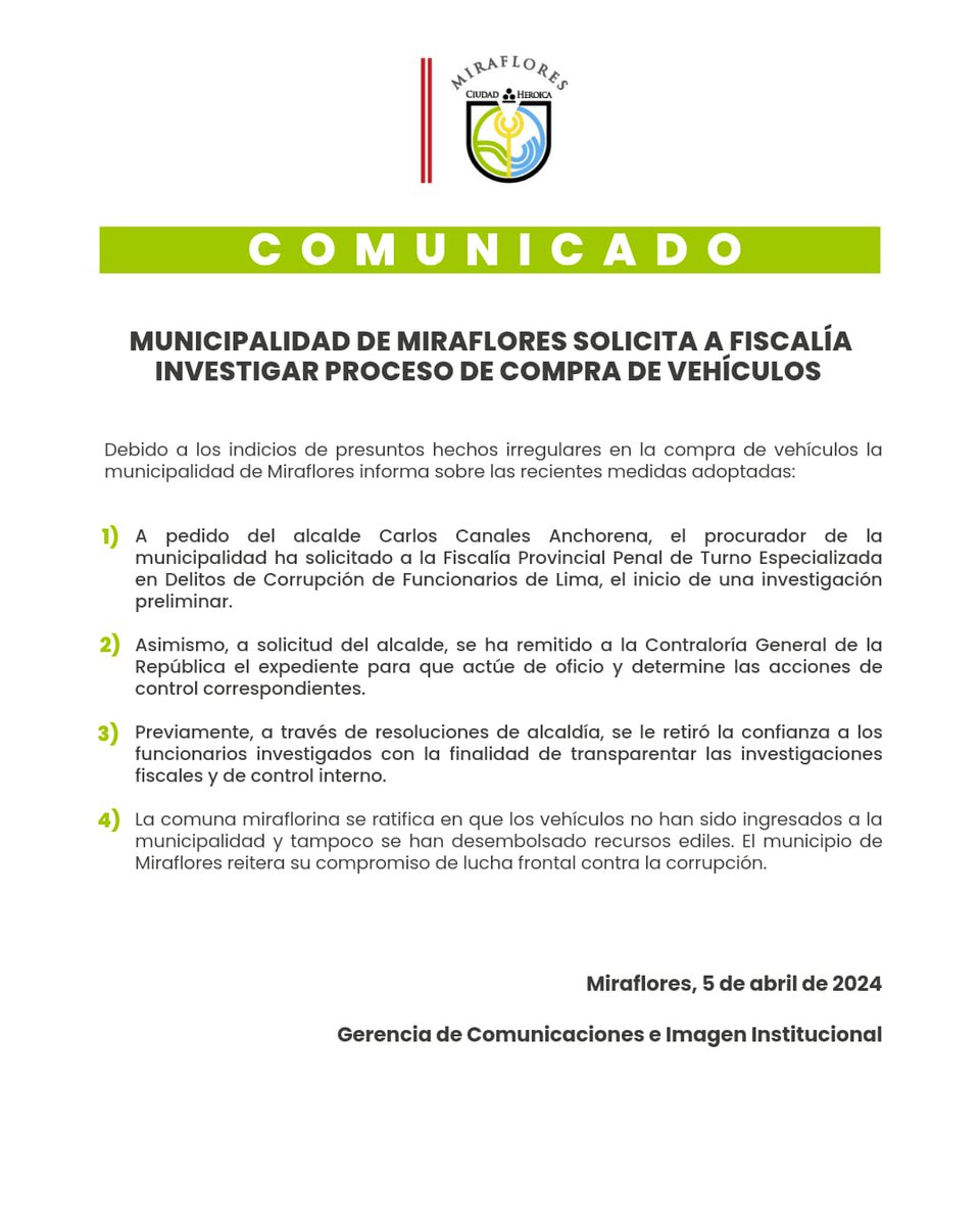 #COMUNICADO La Municipalidad de Miraflores comunica a la opinión pública lo siguiente: