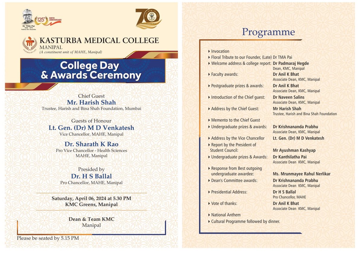 We cordially invite you all to the KMC College Day and Awards Ceremony on 6th April 2024 at 5:30 pm at KMC Greens… #KasturbaMedicalCollege #KMCManipal #MAHE #MAHEManipal