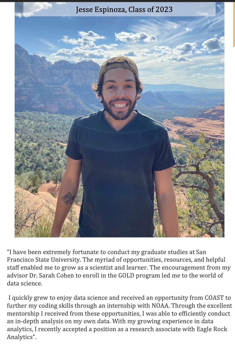 So nice to see this in the @SFStateBIO newsletter! The GOLD program is there so that our MS students in Bio/Chem/Biochem can learn data science skills. Jesse Espinoza liked data science so much that he made it his career! @rvrohlfs @chud8 @DaxOvid