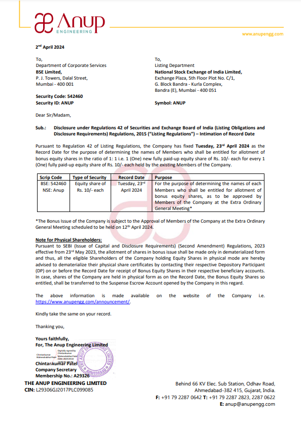 athangsagarta's tweet image. The Anup Engineering Limited has informed the Exchange that Record date for the purpose of Bonus is 23-Apr-2024.
#anupengineering #recorddate #bonus #asfspremium #issue