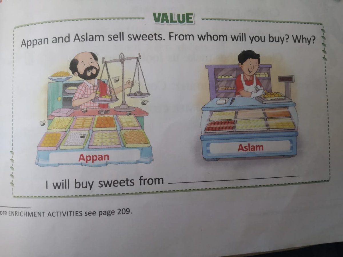 rishibagree's tweet photo. Kerala School textbook depicts Hindu sweet seller as unhygienic with flies sitting on his sweets &amp; Mr Aslam is super clean &amp; his sweets are well kept. https://t.co/msKcmmmpLL