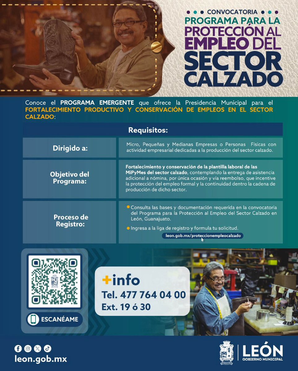 cicegGTO's tweet photo. Conoce el PROGRAMA EMERGENTE para el FORTALECIMIENTO PRODUCTIVO Y CONSERVACIÓN DE EMPLEOS EN EL SECTOR CALZADO que ofrece @municipio_leon 

Objetivo: Protección del empleo formal de las MiPyMes conservando la plantilla laboral, contemplando una entrega de asistencia única para nómina vía reembolso.

Más información ℹ️ https://t.co/9NE3DSA9tD