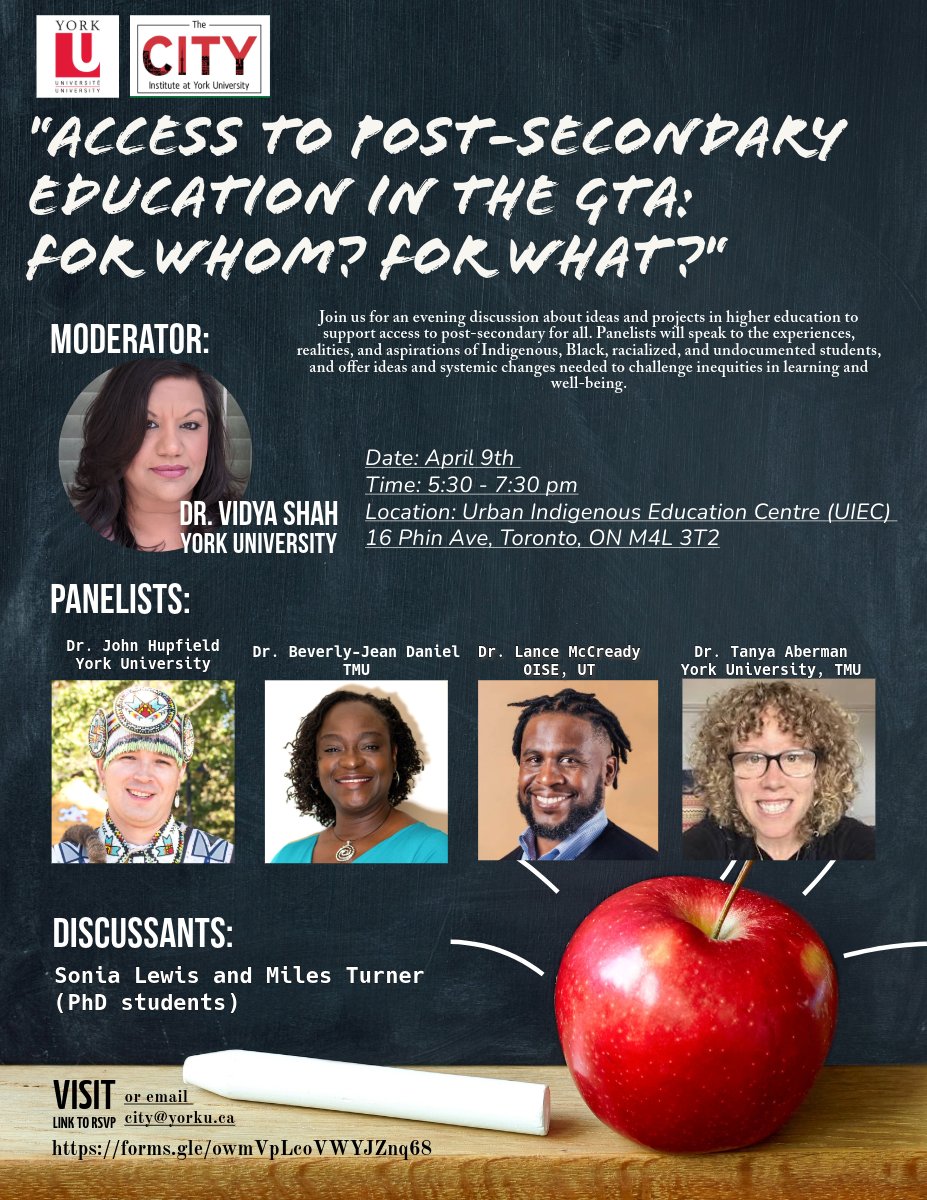 Access to Post-Secondary Education: For whom? For what?

April 9th, 5:30-7:30 PM

Urban Indigenous Education Centre, 16 Phin Ave, Toronto, ON M4L 3T2

RSVP: forms.gle/owmVpLcoVWYJZn…