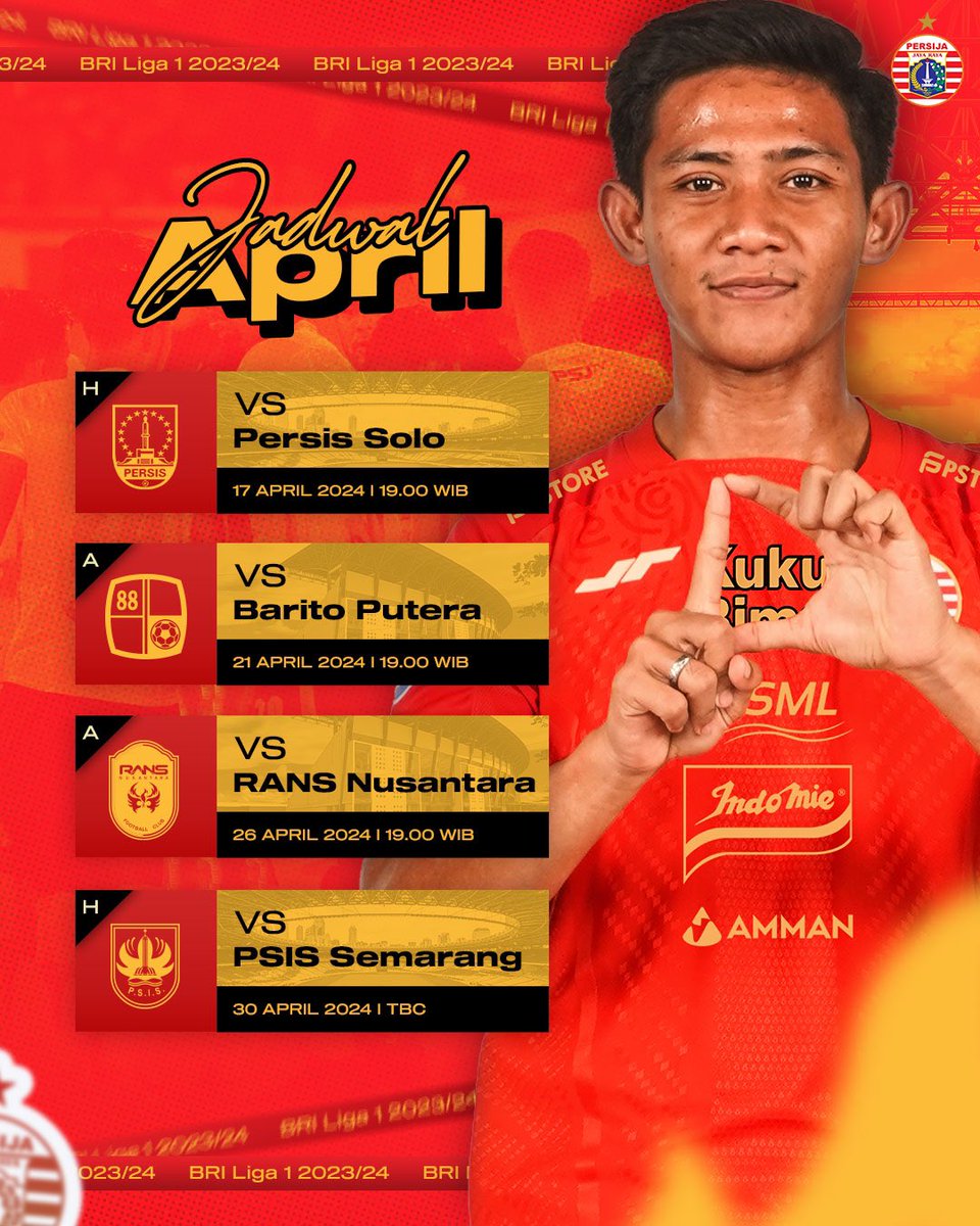 Jadwal pertandingan Persija bulan April di kompetisi BRI Liga 1 2023/2024 🗓️ #Persija #Fightin95pirit