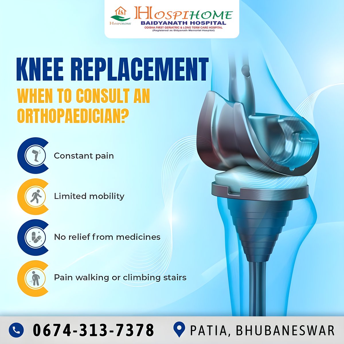 KNEE REPLACEMENT WHEN TO CONSULT AN ORTHOPAEDICIAN?
1. Constant pain
2. Limited mobility
3. No relief from medicines
4. Pain walking or climbing stairs
Get a total knee replacement surgery at affordable cost. 
#TotalKneeReplacement #kneereplacementsurgery #kneepain #kneesurgery