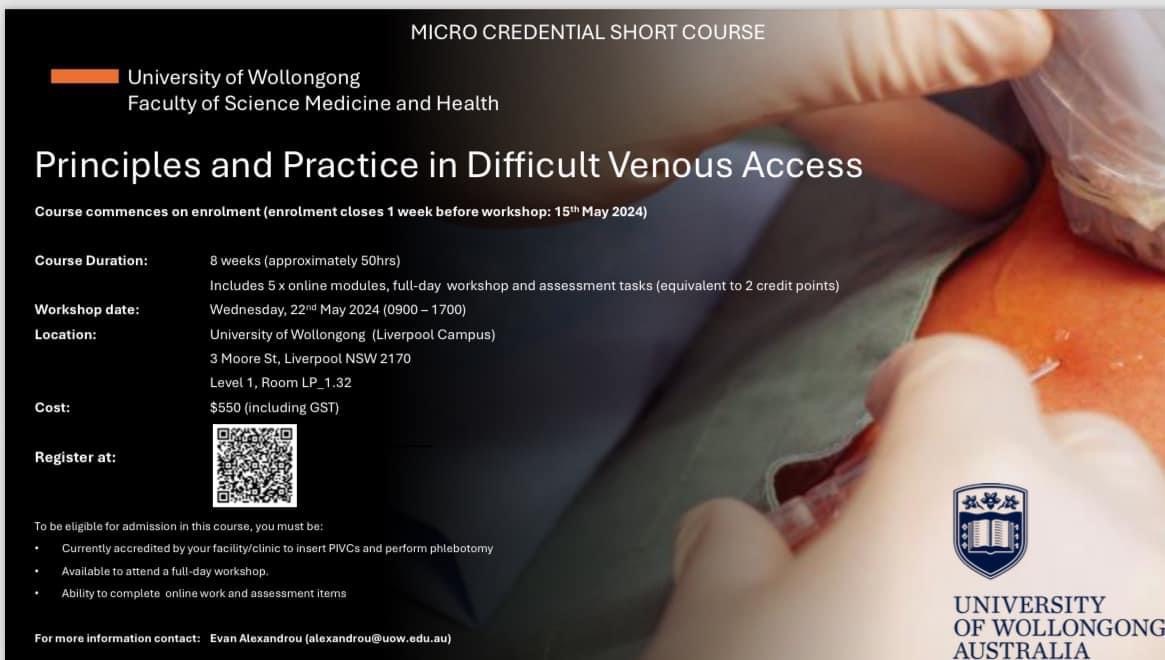 Are you credentialed in #vascularaccess & would like to extend your skillset to include #DIVA? Check out a new microcredential developed by Ass prof Evan Alexandrou. Online modules + workshop