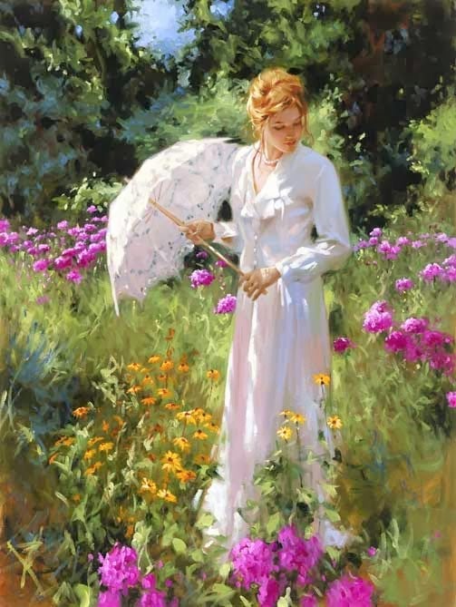 Richard S. Johnson. #art #painting #spring #parasol #flowers