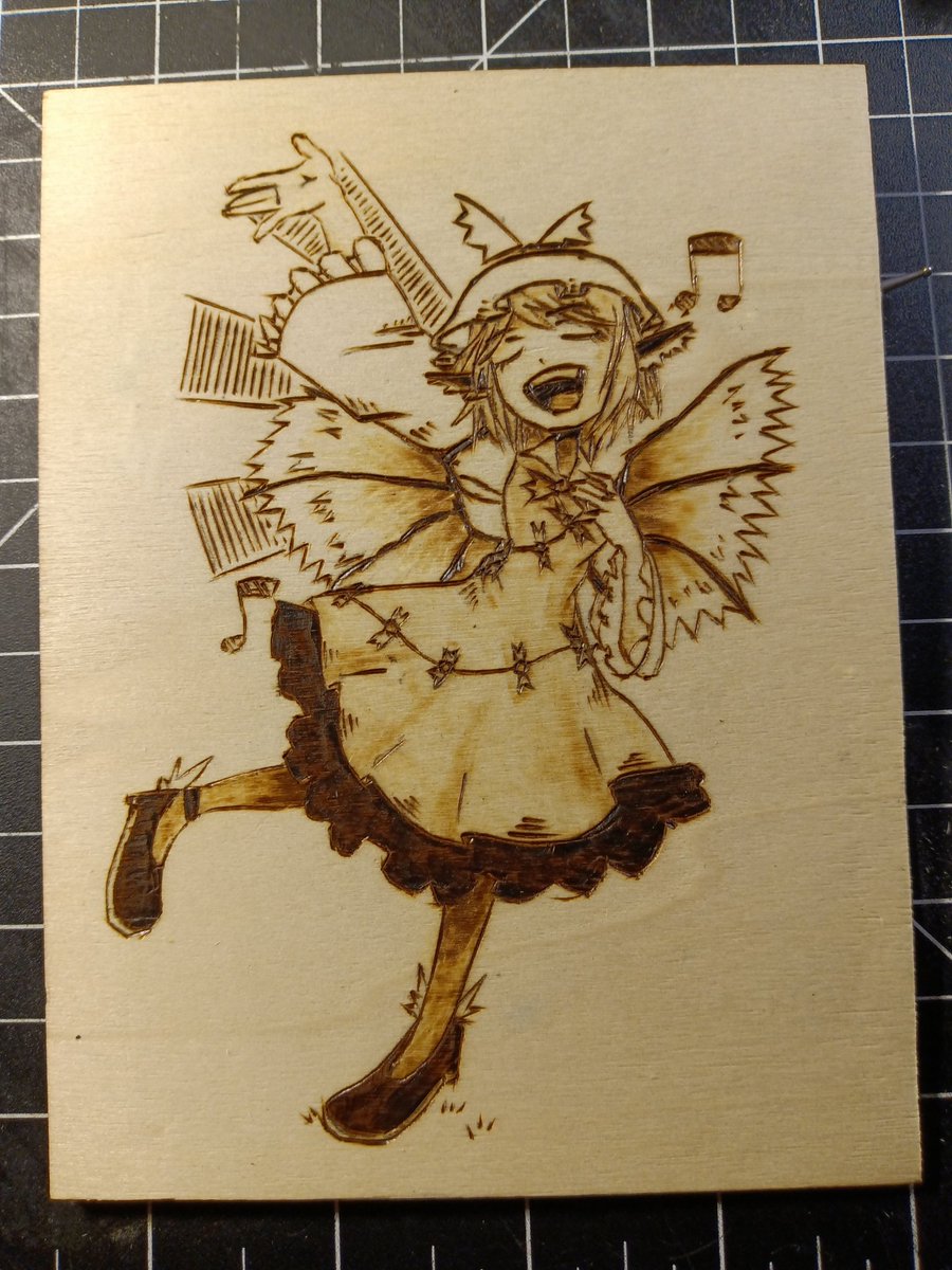 WizleHa's tweet photo. I haven't done a Touhou wood burning in a while, so I messed up in a few places. Thank you @Yoiy_san for the amazing art piece of Mystia. https://t.co/6FORmjbgQ7
