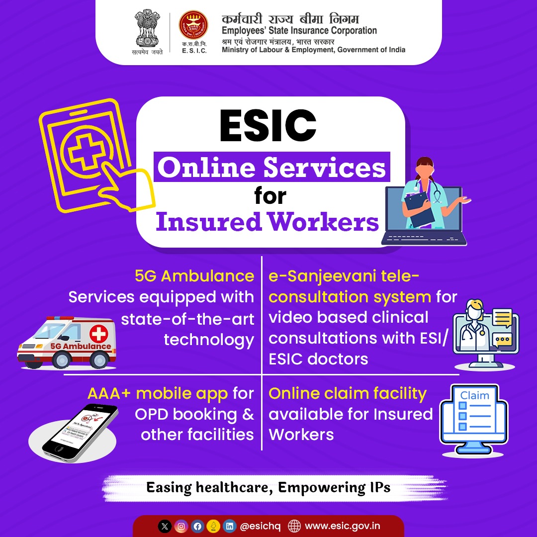 Moving ahead with updated technological advancements, ESIC is providing a number of online facilities for the ease of IPs and their Beneficiaries. 

#ESICHq #OnlineFacilities #AmbulanceServices #DigitalSolutions