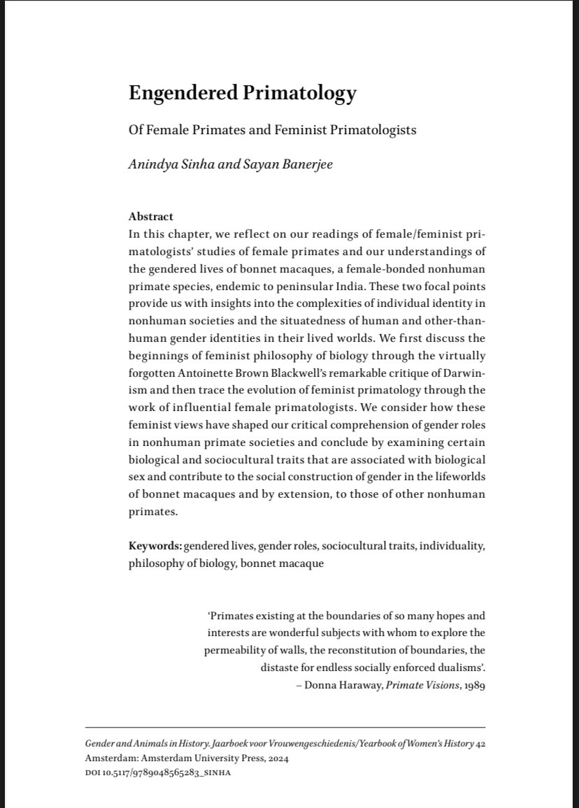 sayan12011991's tweet photo. Our chapter on ‘Engendered Primatology: Of Female Primates and Feminist Primatologists’ was published in the amazing collection ‘Gender and Animals in History’ edited by @WildPasts_ et al. Had lot of fun writing and reading it. Book cover and our abstract 👇🏻 https://t.co/AjKDdge7hv