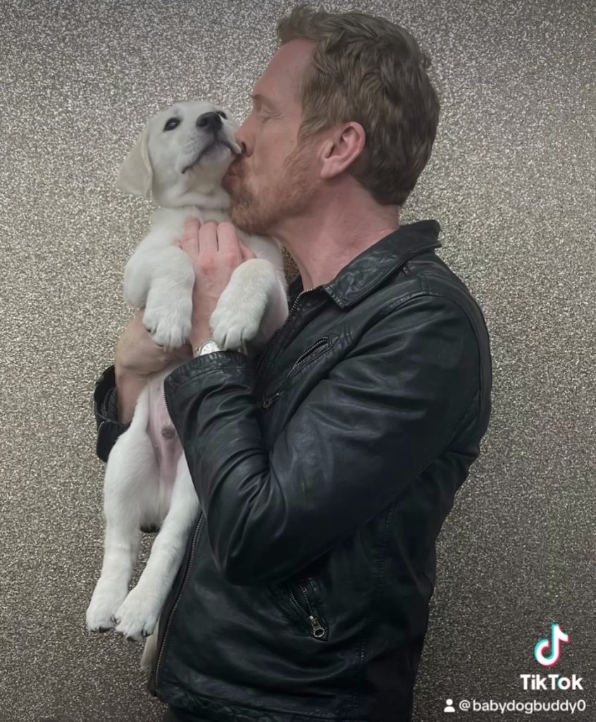 FanFunDamian's tweet photo. Damian Lewis smooches a pooch! Find out the story behind this adorable fur baby here: https://t.co/MvL3sX7zPA #DamianLewis #DogsForAutism #BabyDogBuddy #ThisMorning https://t.co/iXYRSnPHuc