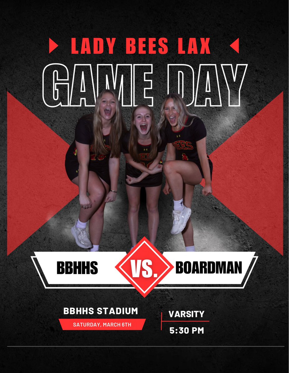 BBHHSGirlsLax's tweet photo. Game day! The Lady Bees are at the Beehive to take on Boardman! Come support your Lady Bees. Go Bees!🐝

🕕 Varsity 5:30 PM
🗓️ Saturday, April 6
📍 BBHHS Stadium https://t.co/6GybNdl8cj