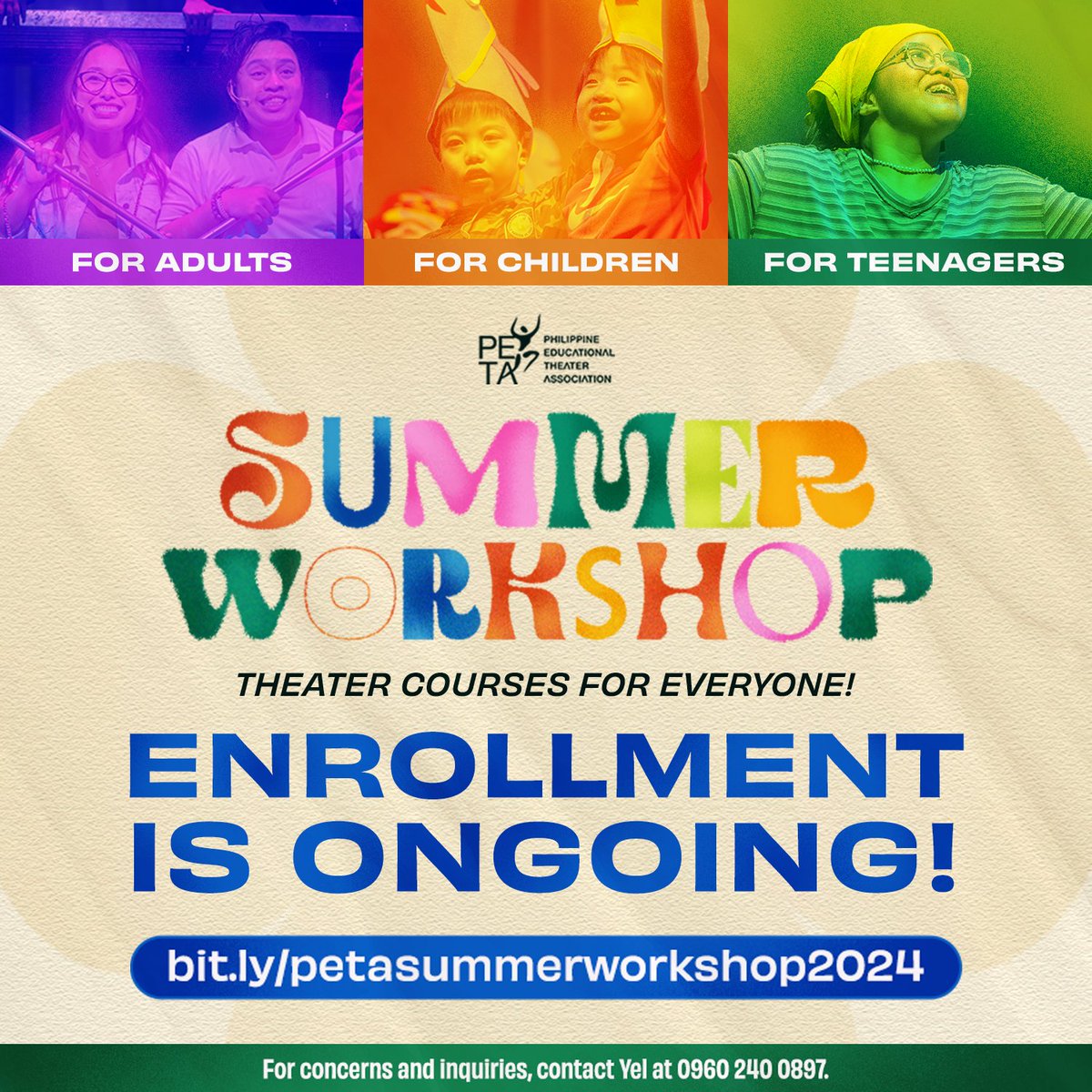 petatheater's tweet photo. Want to make this a summer to remember? 🌴 Check out PETA's exclusive Summer Workshops!

Enrollment is ongoing, and slots are moving FAST! https://t.co/67nxPsEQUF

Send us a message for more details, or contact Yel at 0960 240 0897

#PETAWorkshop #PETASummerWorkshop #PETATheater https://t.co/qpce7QyLhZ