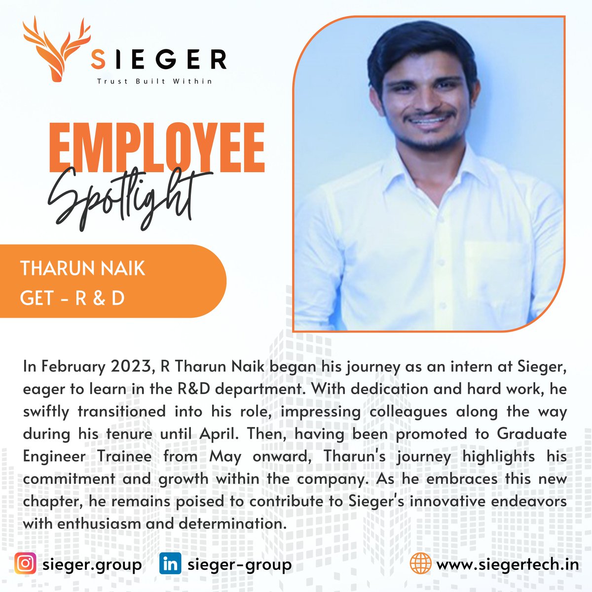 sieger_group's tweet photo. Spot Light Series: Meet Our Engineer

https://t.co/mAUT3WTuU6

Email Id: info@siegertech.in

#SpotLightSeries #MeetTheEngineer #Leadership #Inspiration #Community #Inclusion #Passion #BestEmployee #Success #Sieger #Industry #Employee #India #Hyderabad #Telangana #siegergroup https://t.co/p6nLVffDvr
