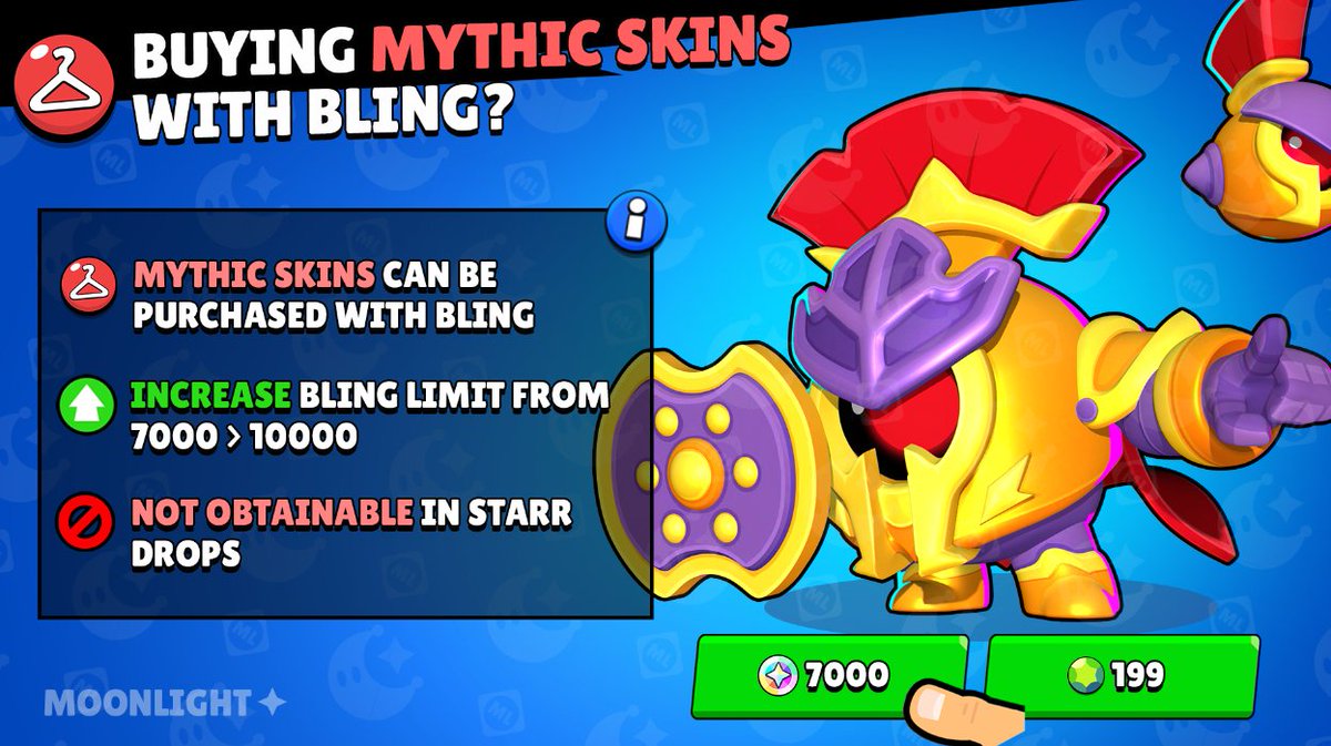 MoonlightStarr8's tweet photo. What if we could buy Mythic Skins with bling? 🪙📈

👕Mythic Skins cost 7000 Bling
⬆️Bling limit is increased (or removed)
🙌Mythic Skins are more accessible to Free-To-Play players

Should this be added to Brawl Stars? 🤔

#BrawlStars https://t.co/bV9r4alTCl