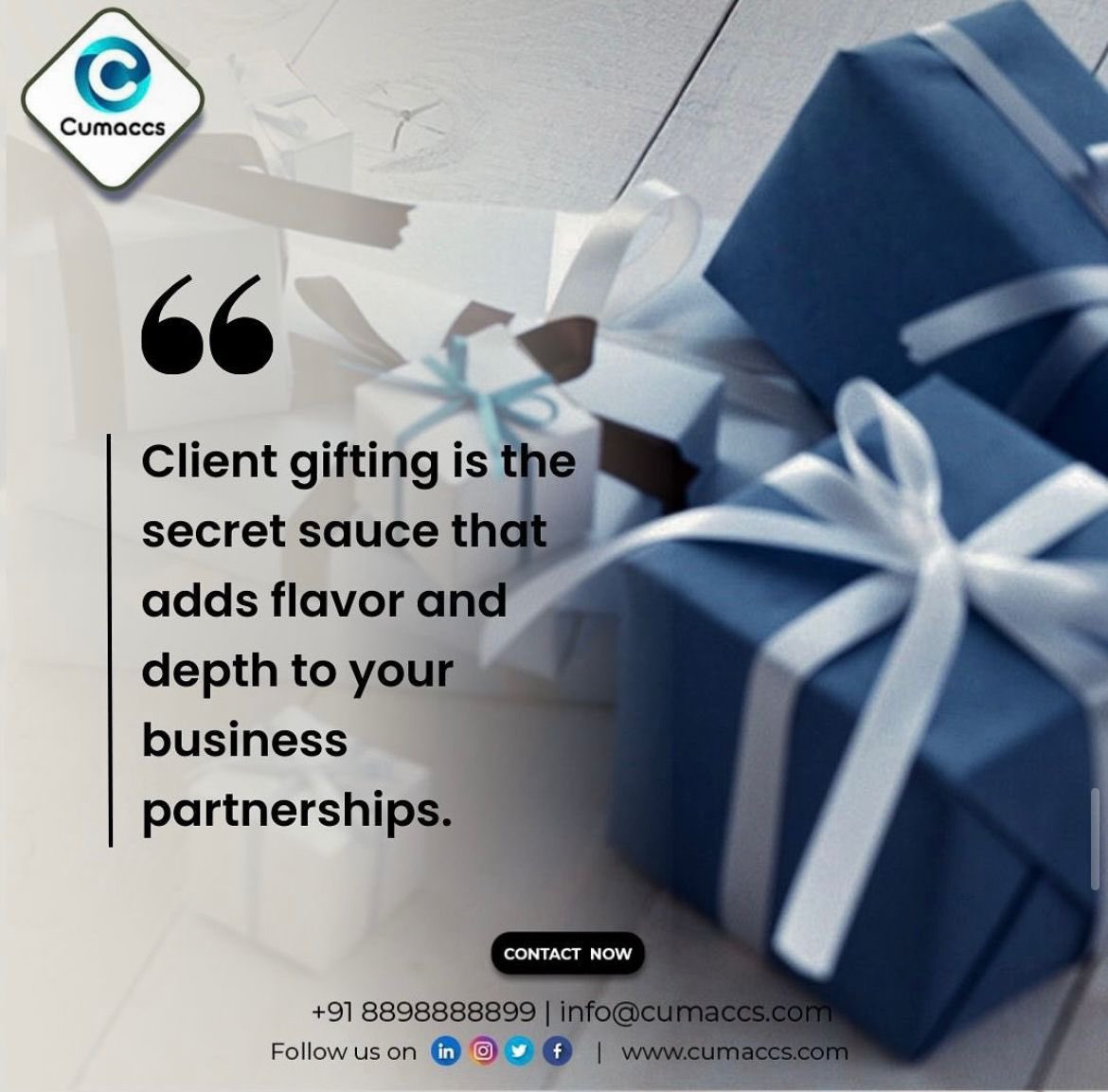 cumaccs's tweet photo. Client gifting: strengthens connections and shows a sense of #appreciation in your #partnerships via thoughtful gifts.
For corporate orders:
Mail us at info@cumaccs.com
#Procurement #Adminmanager #corporategifting #corporatehr #businessdevelopment #india #Gratitude https://t.co/mOhVnDiUmD