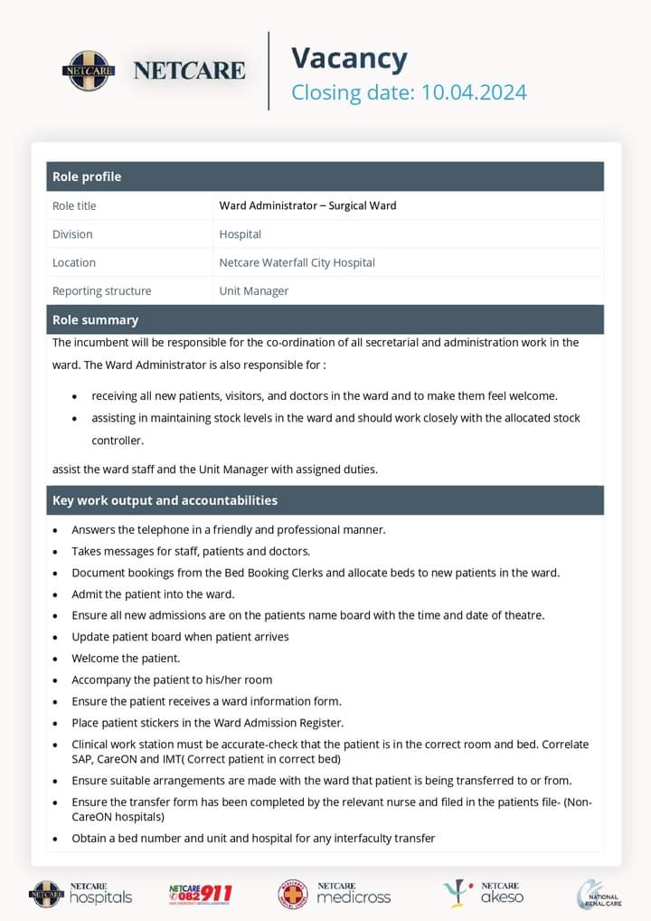 CarolBoitumelo1's tweet photo. We are looking for a Ward Administrator to join our team!

Located in Netcare Waterfall City Hospital
Closing Date : 10 April 2024

Send your CV to carol.choshi@netcare.co.za https://t.co/xZ3Nb5H0Qk