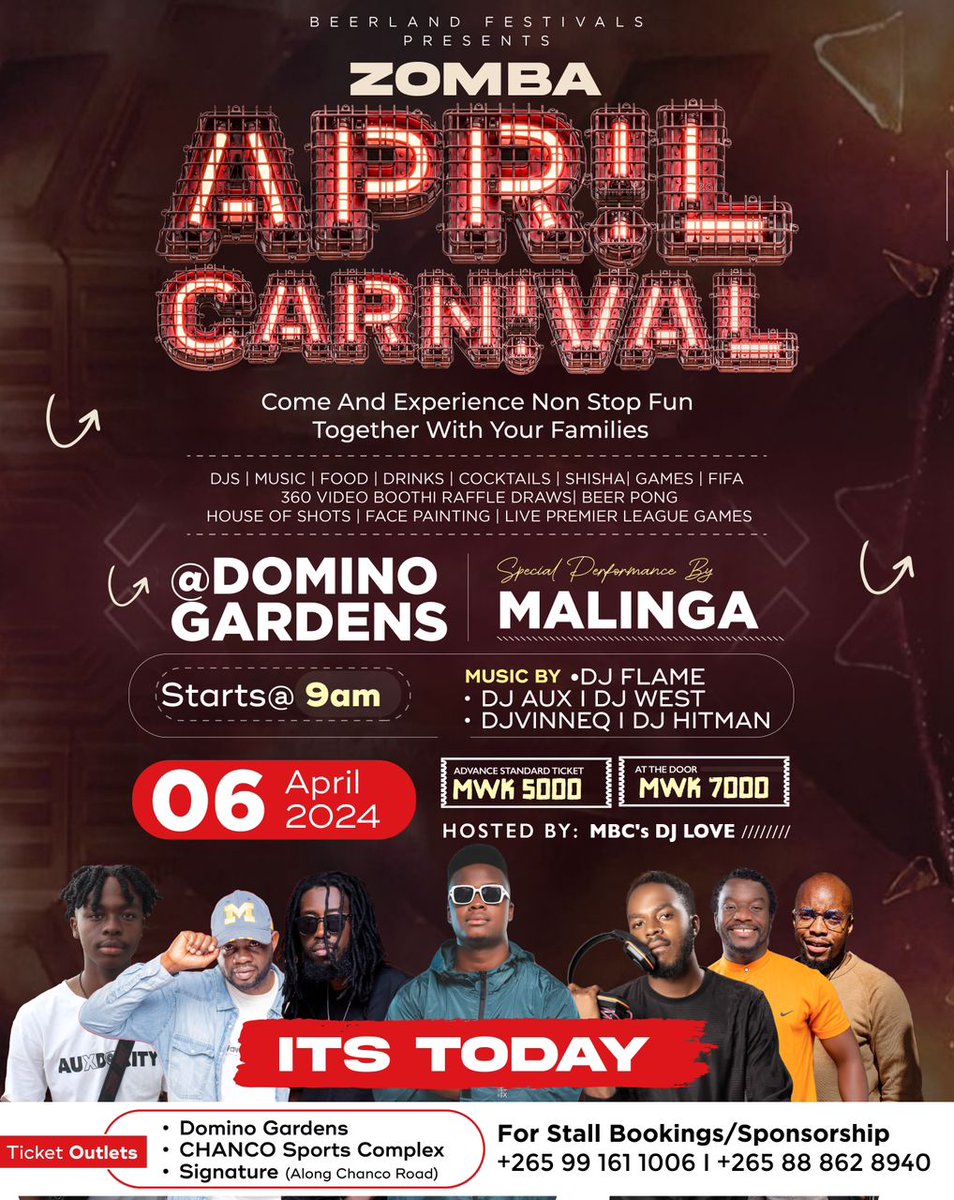 TibrahMw's tweet photo. ZOMBA!!!🗣️🗣️🗣️🗣️🗣️ITS TODAY TODAY•|

At Domino Gardens, where Non stop fun will be experienced and enjoyed 🤗🤗🤗🤗.

Malinga will be there Live.

Purchase your ticket at only 5K Malawi Kwacha.
At the door only at 7K.🙅🙅🙅🙅

#ZombaBeerland 
#ZombaEvents 
#ZombaAprilCarnival https://t.co/203h1gkzcy