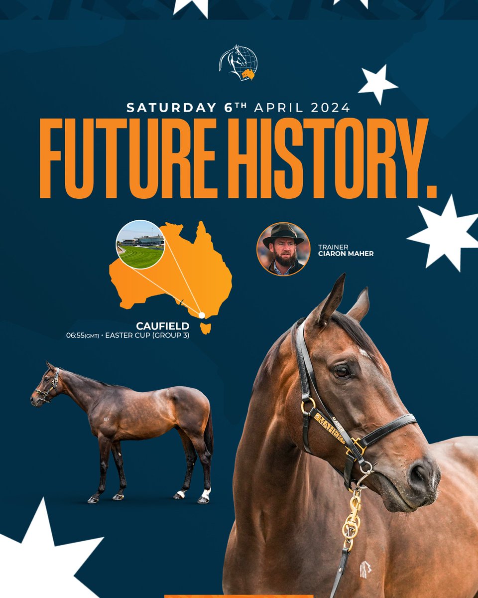 Future History runs today at Caulfield in the Group 3 Easter Cup at 4:55pm (6:55am BST) under jockey Ethan Brown for Trainer @cmaherracing 🇦🇺

#GlobalThoroughbreds #TakingRacingDownUnder #Horseracing