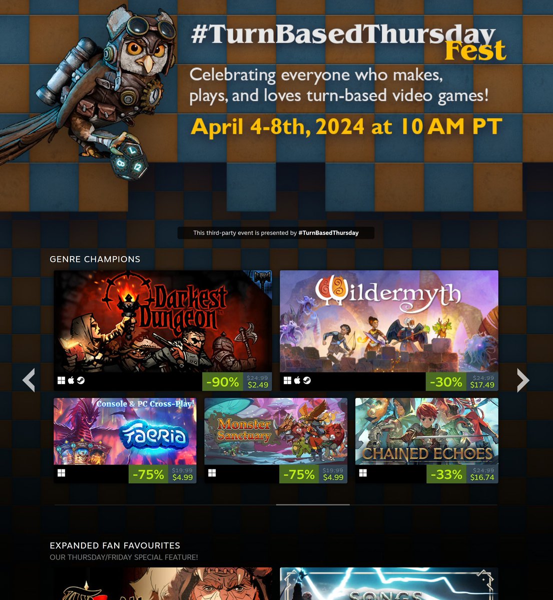 TurnBasedThurs's tweet image. Don&apos;t miss the 5-day Steam sale event we put together for over 350 excellent turn-based video games!

store.steampowered.com/sale/TurnBased…

City builders, RPGs, 4X, roguelikes, puzzles, deck builders, strategy games… something for everyone. See what&apos;s here for 𝘆𝗼𝘂! #TurnBasedThursdayFest