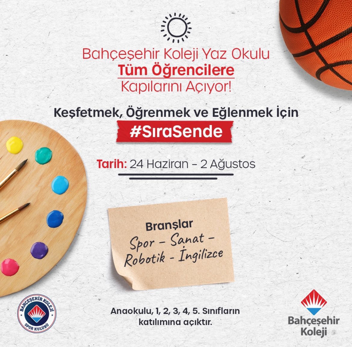 🏀🎨🎻Bahçeşehir Koleji Yaz Okulu bu sezon kapılarını 𝐭ü𝐦 öğ𝐫𝐞𝐧𝐜𝐢𝐥𝐞𝐫𝐞 açıyor! Keşfetmek, Öğrenmek ve Eğlenmek için #SıraSende 🫵🏻 🔗 Link Bio'da! 📅 24 Haziran - 2 Ağustos