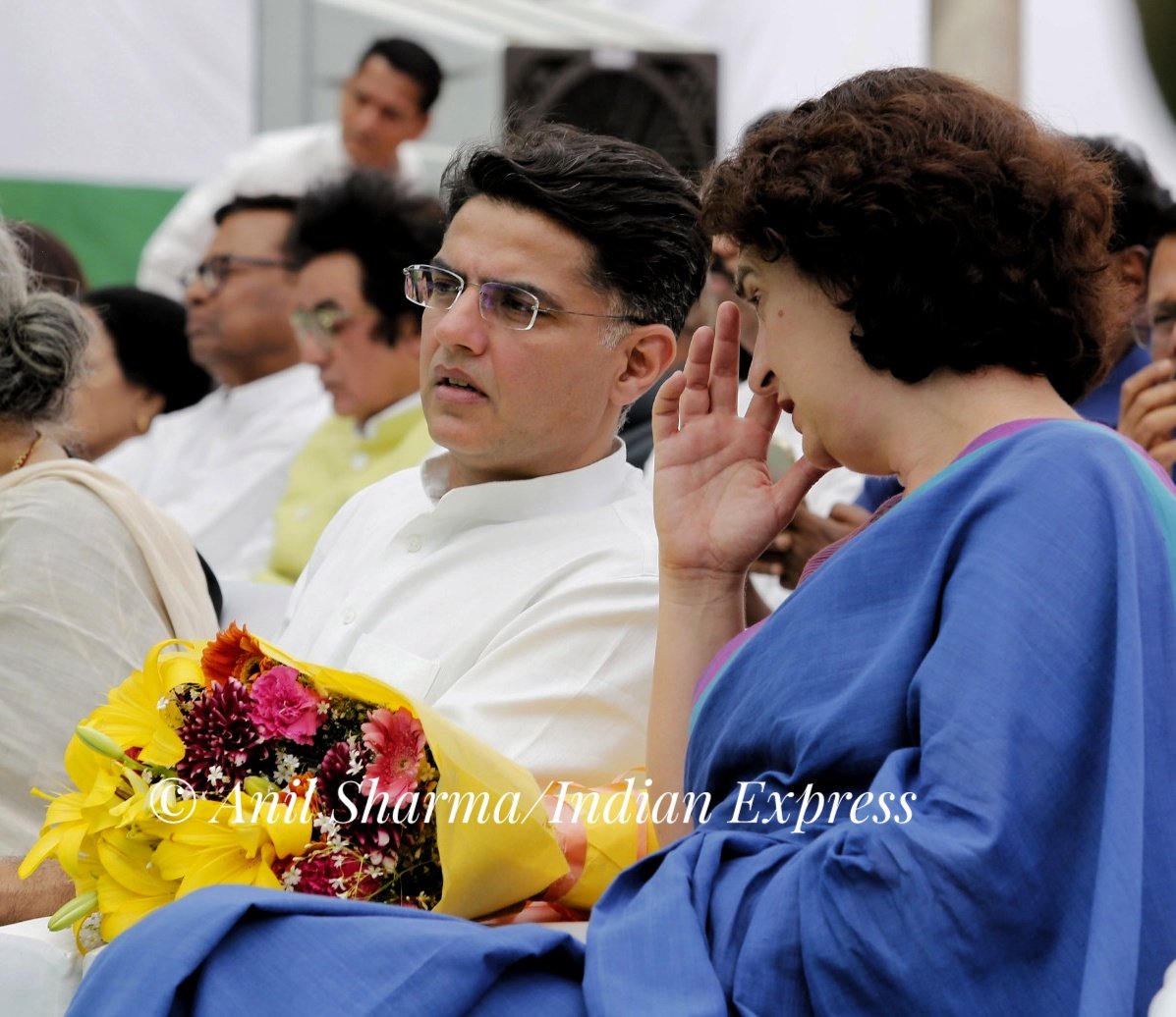 Congress leaders Priyanka Gandhi Vadra, Anand Sharma and Sachin pilot during the release of the party's manifesto on friday. @IndianExpress photo by @anilsharma07