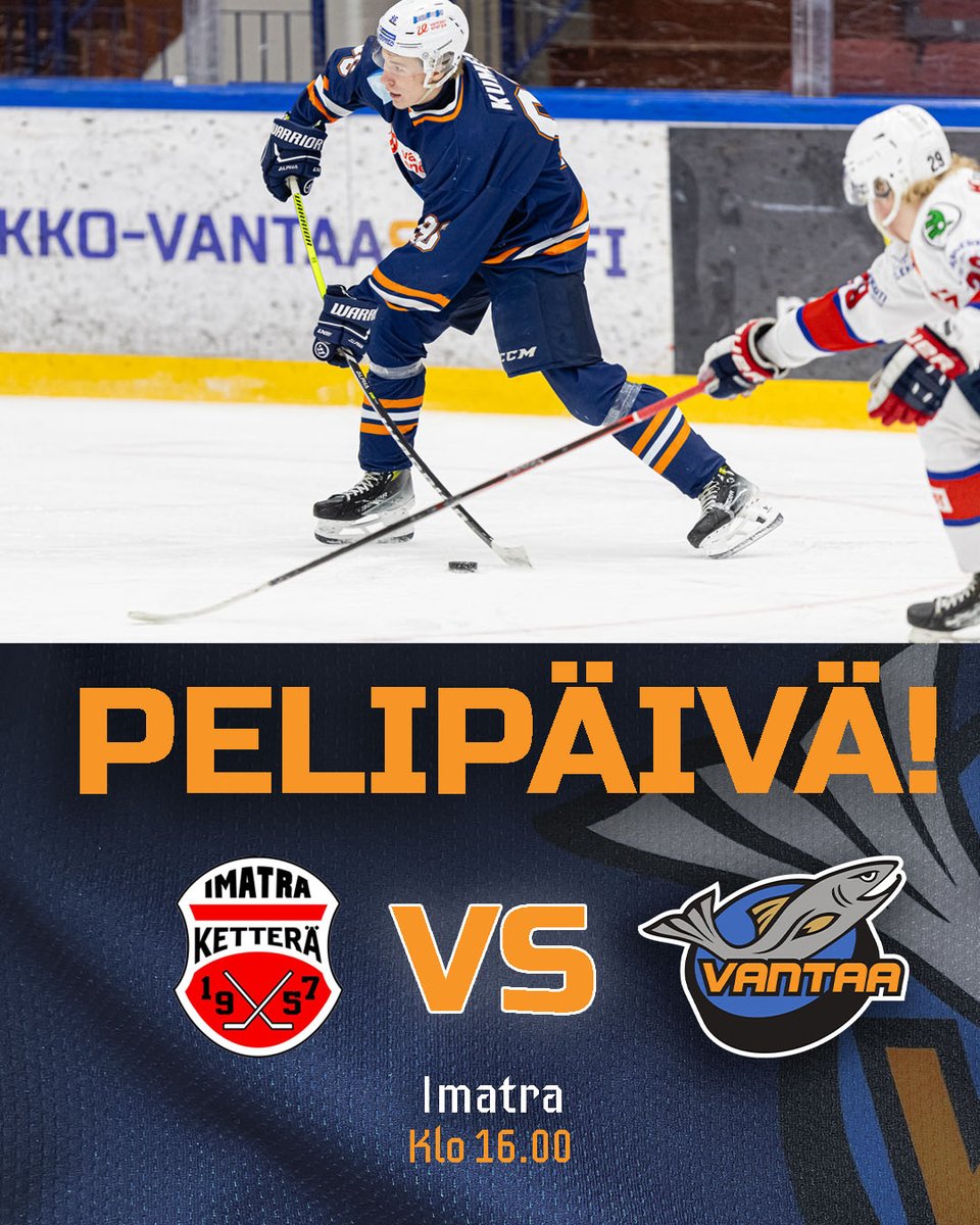 KiekkoVantaaU20's tweet photo. PELIPÄIVÄ! 🔵🟠
Muikut matkustaa tänään Ketterän vieraaksi Imatralle. Kiekko jäähän klo 16. Voitolla unelma SM-paikasta elää.
#KVantaa #Muikut #U20SMsarja https://t.co/1gSBvF487Y