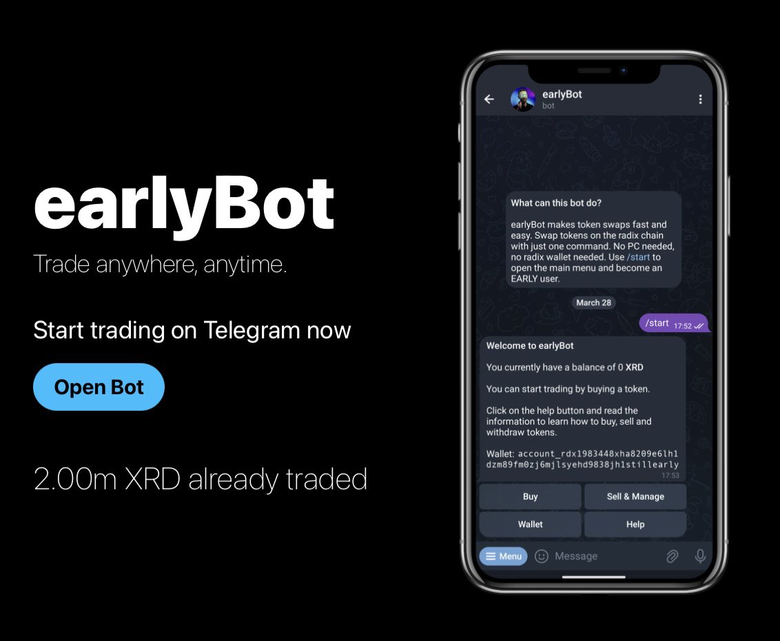 EARLY_Radix's tweet photo. earlyBot has passed 2M XRD in volume. Still $EARLY. 

https://t.co/6MfeXeBb0Q https://t.co/PHFx1PobgE