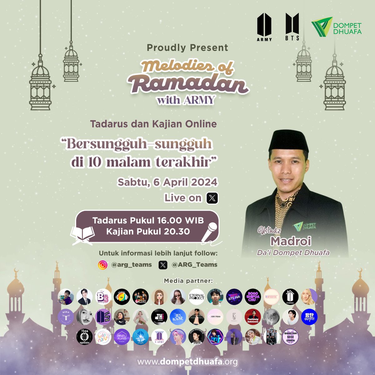 ARMYTEAMID's tweet photo. Hai ARMY! @ARG_Teams mengadakan acara tadarus dan kajian bersama dengan Ustadz Madroi dengan tema "Bersungguh-sungguh di 10 nalam terakhir" sore - malam ini ๐ค
Ayo ikutan dan jangan lupa ajak teman, saudara, atau keluarga kalian yaaa๐
#MelodiesOfRamadan
#RamadanWithARMY https://t.co/C6YMVS0Qj2