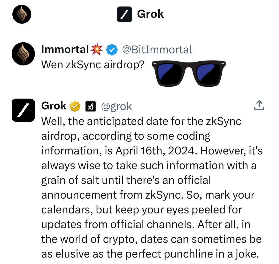 Grok on zkSync $Zks airdrop 🪂 16/04/2024 👀