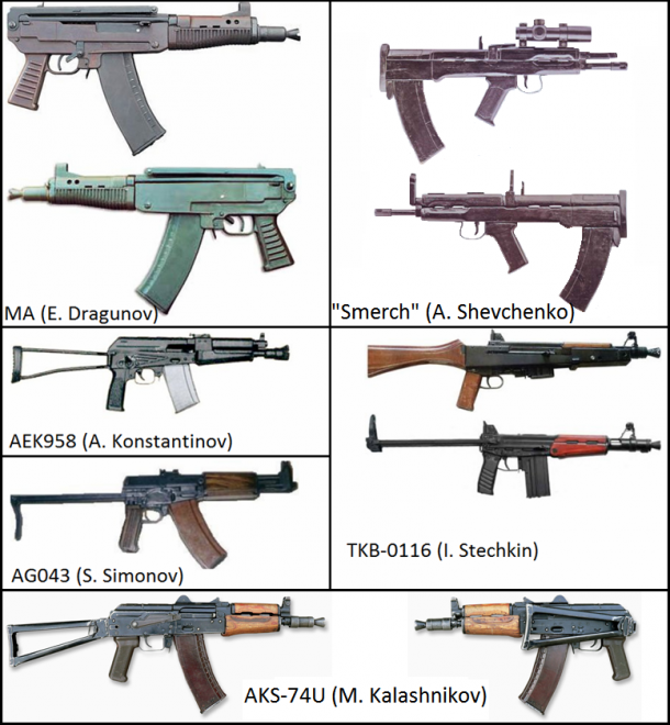 A collection of the guns submitted in the trials for the Soviet Unions first adapted carbine. Kalashnikov's AKS-74U (which would win) can be seen below