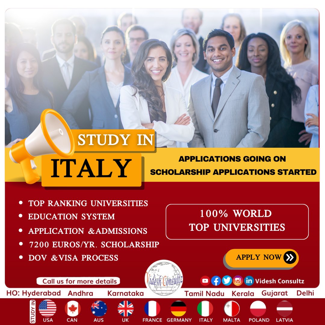 Dreaming of studying in Italy? Applications are going on! 
Videshconsultz.com

#StudyInItaly #videshconsultz #studyabroad #IELTSwithout #topuniversities #freeeducation #GlobalEducation #scholarships #scholarshipopportunities #overseaseducationconsultant #ExploreDreamAchieve