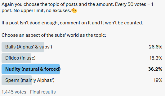 aslaveboi's tweet photo. Thank you for voting. I won't find excuses and obey:  1445 votes = 28 posts on the natural &amp; forced nudity of subs. It will be counted to keep the track on this large number of posts.

If you find that a post doesn't qualify (@doc_dray_), let me know.

Thank you for training me. https://t.co/D4jYNqS89c