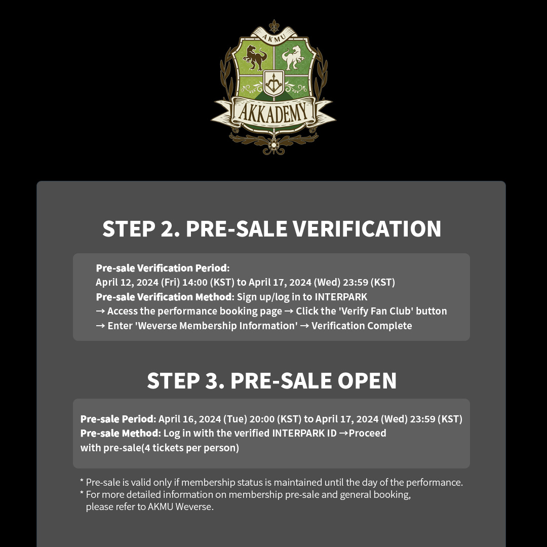 #OFFICIALAKKADEMY
2024 AKMU 10th ANNIVERSARY CONCERT [10VE]

FANCLUB PRESALES registration opens for AKKADEMY MEMBERSHIP members!

Check the process and period!

▶️ More info

weverse.io/akmu/notice/18…

#AKMU #악뮤 #10VE #CONCERT #YG
