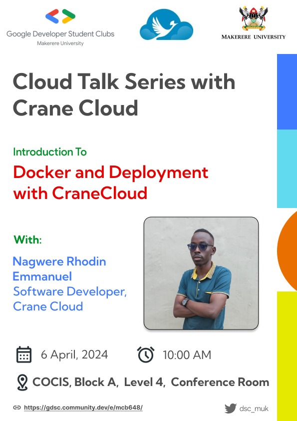 Happening today at 10:00am. Join us and our speaker @RhodinNagwere for the 2nd Session of #TheCloudTalkSeries at the Conference Room, Level 4, Block A, CoCIS. To join us virtually, book your slot here: gdsc.community.dev/e/mcb648/Deplo… @dsc_muk @MakCoCIS