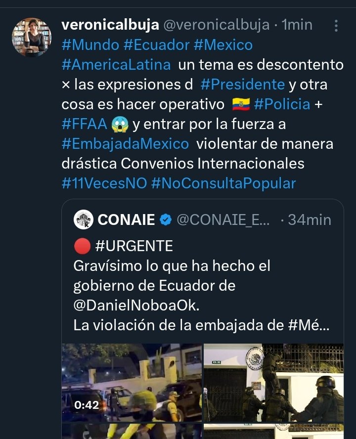 veronicalbuja's tweet photo. #TratadosInternacionales #Ecuador grave lo que acaba d ocurrir con operativo 🇪🇨 #Policia + #FFAA violentando e ingresando por la fuerza #EmbajadaMexico @dw_espanol @XHespanol @bbcmundo @RFI_Es @lemondefr @Le_Figaro @euronewses @EFEnoticias @ONUGeneve @ActualidadRT https://t.co/MY2OdVYlhD