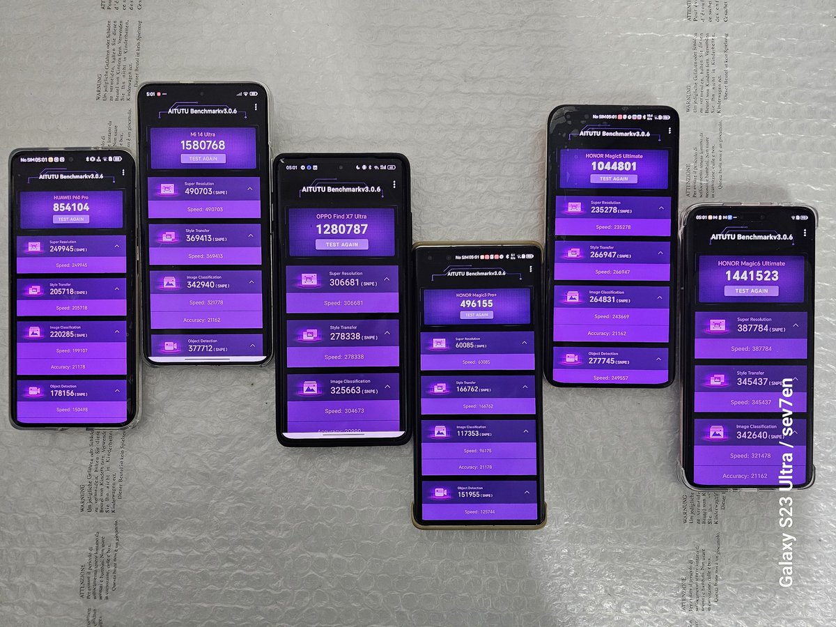 fabrizio_degni's tweet photo. Hello, π a battlefield with #AiTuTu #Benchmark V3 with the following:
β
#HuaweiP70Art
β
#Xiaomi14Ultra
β
#OPPOFindX7Ultra
β
#HonorMagic3ProPlus
β
#HonorMagic5Ultimate
β
#HoborMagic6Ultimate
Faster device is the #Xiaomi with #SnapDragon8Gen3,
Slower Magic3 with #Snd888+ https://t.co/R3jRQy0WYS
