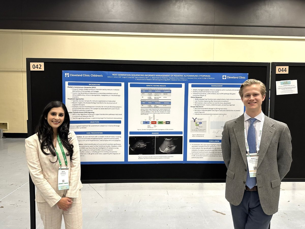 I am proud of our future #PHOdoc @eesha_zaheer @AugustCulbert for presenting our poster on 'NGS-informed management of pediatric immune cytopenia' at #ASPHO2024! @CleClinicKids @CleClinicLCM