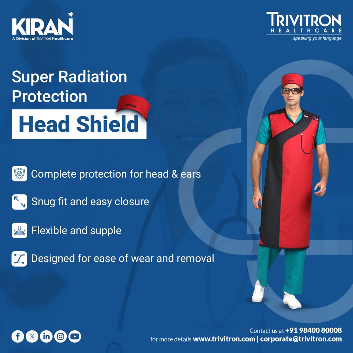 Trivitron Radiation Protection - Head Shield provides complete protection to the Head and Ears from Ionizing Radiation during extensive surgical procedures. The radiation protection head shield provides a snug fit and is designed for ease of wearing and removal. To know more,…
