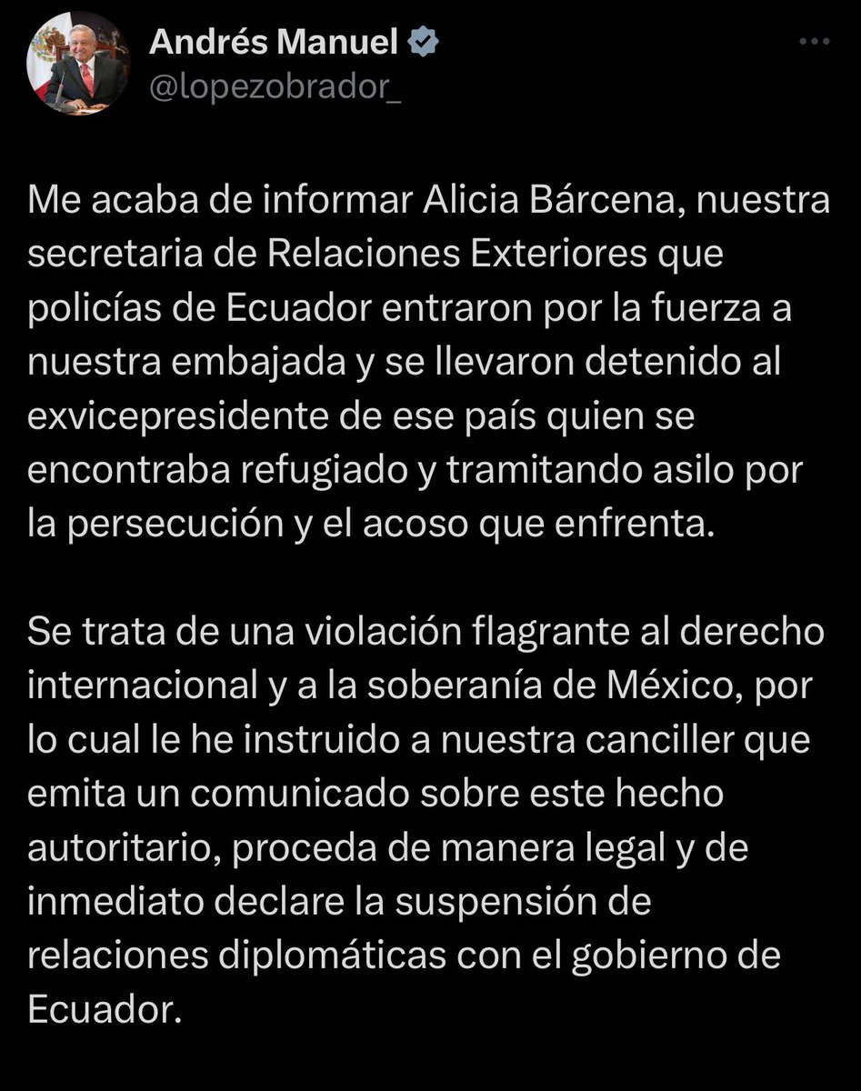 Injustificable lo que hace el gobierno de #Ecuador, es una clara violación a la soberanía de #México 🇲🇽 todo el apoyo al presidente <a href="/lopezobrador_/">Andrés Manuel</a>.